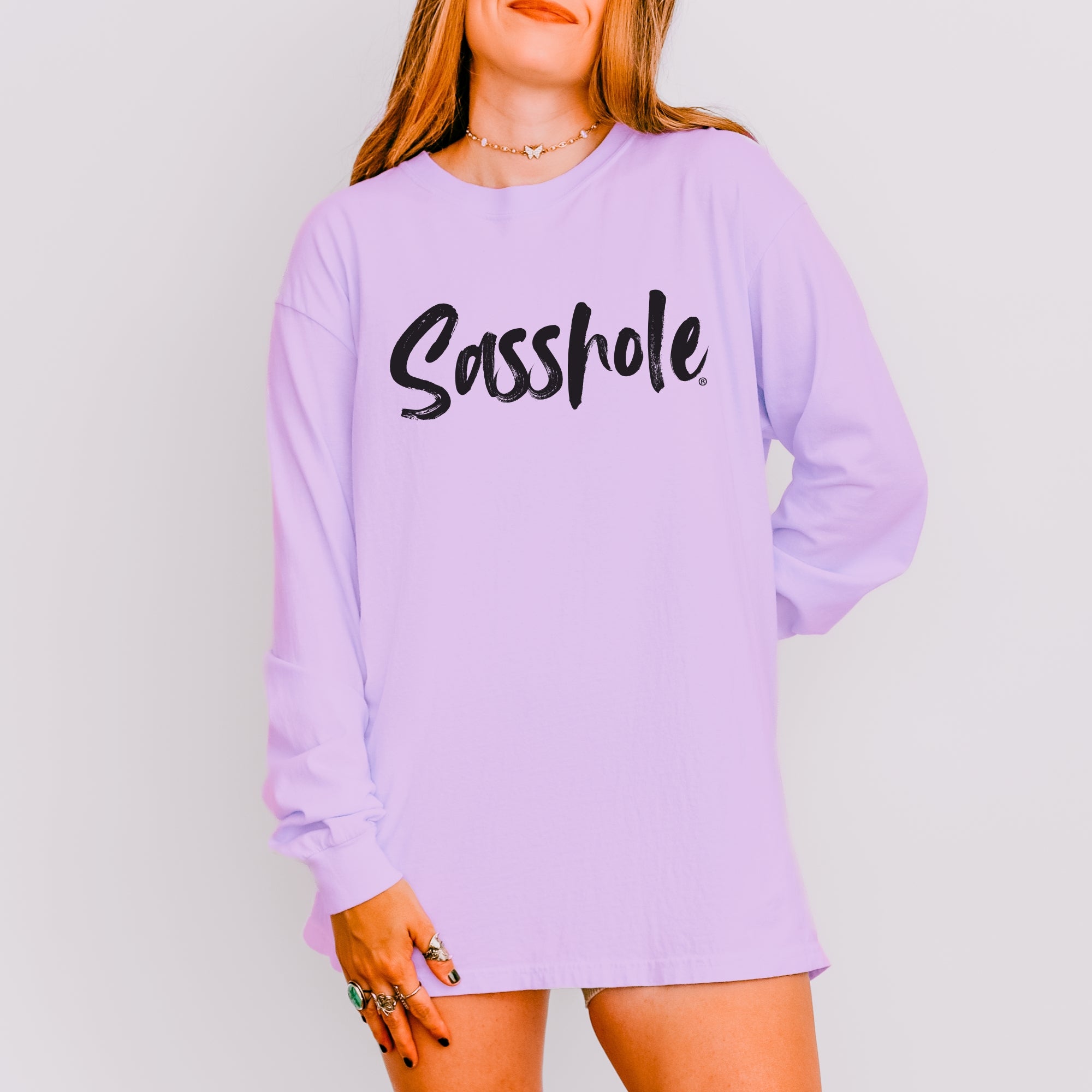 Image of Sasshole® Women’s Comfort Colors® Long Sleeve Tee – Bold Script Logo, Funny Graphic Shirt