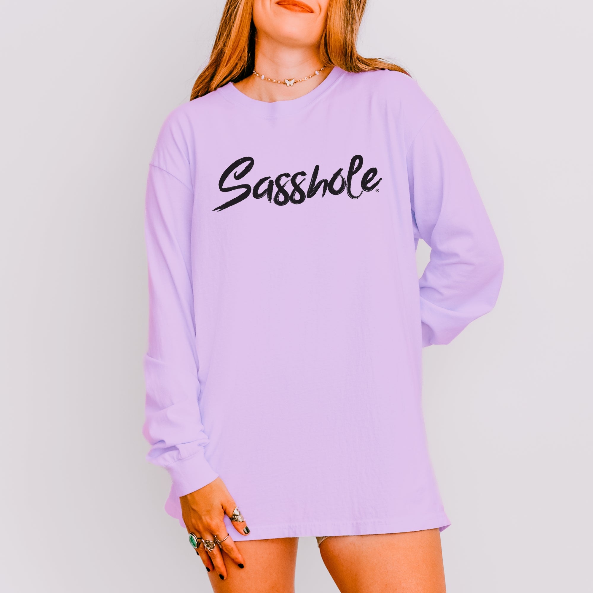 Image of Sasshole® Women’s Comfort Colors® Long Sleeve Tee – Classic Script Funny Graphic Shirt