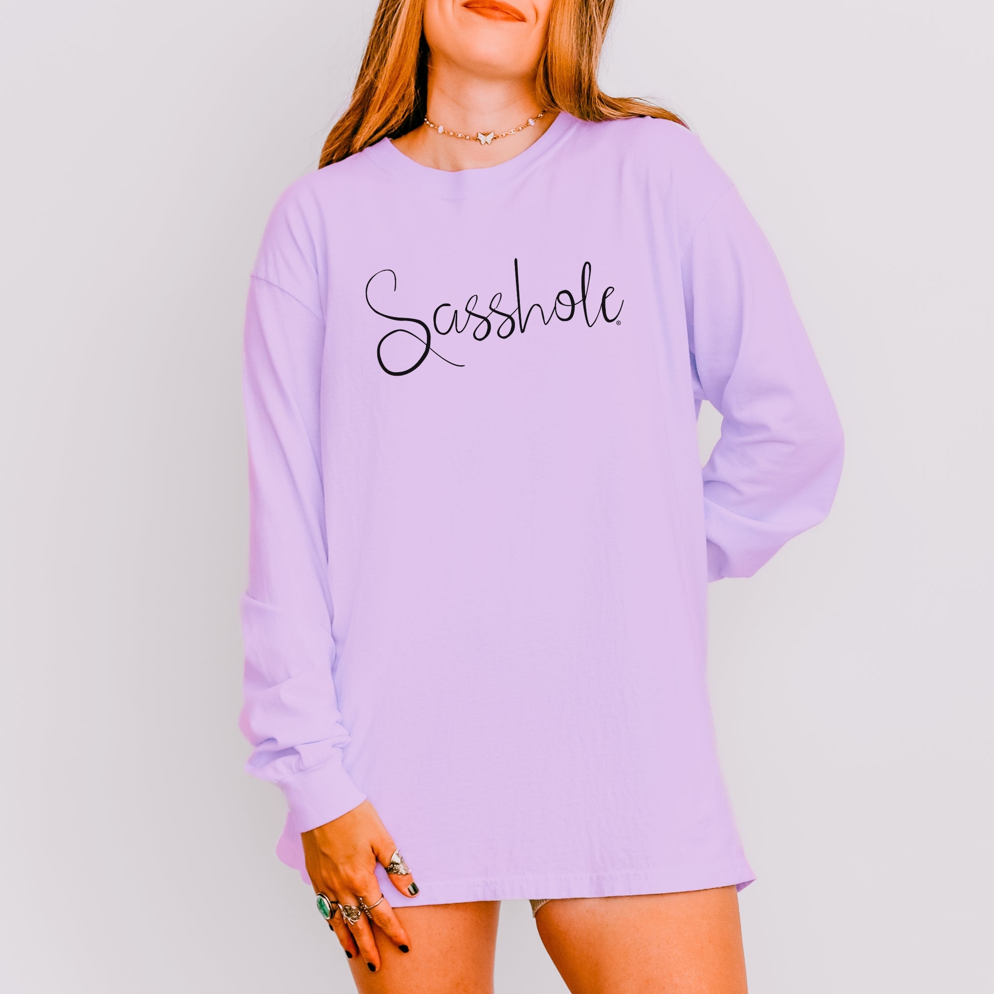 Image of Sasshole® Women’s Comfort Colors® Long Sleeve Tee – Script Logo Funny Graphic Shirt, Bold Statement Top