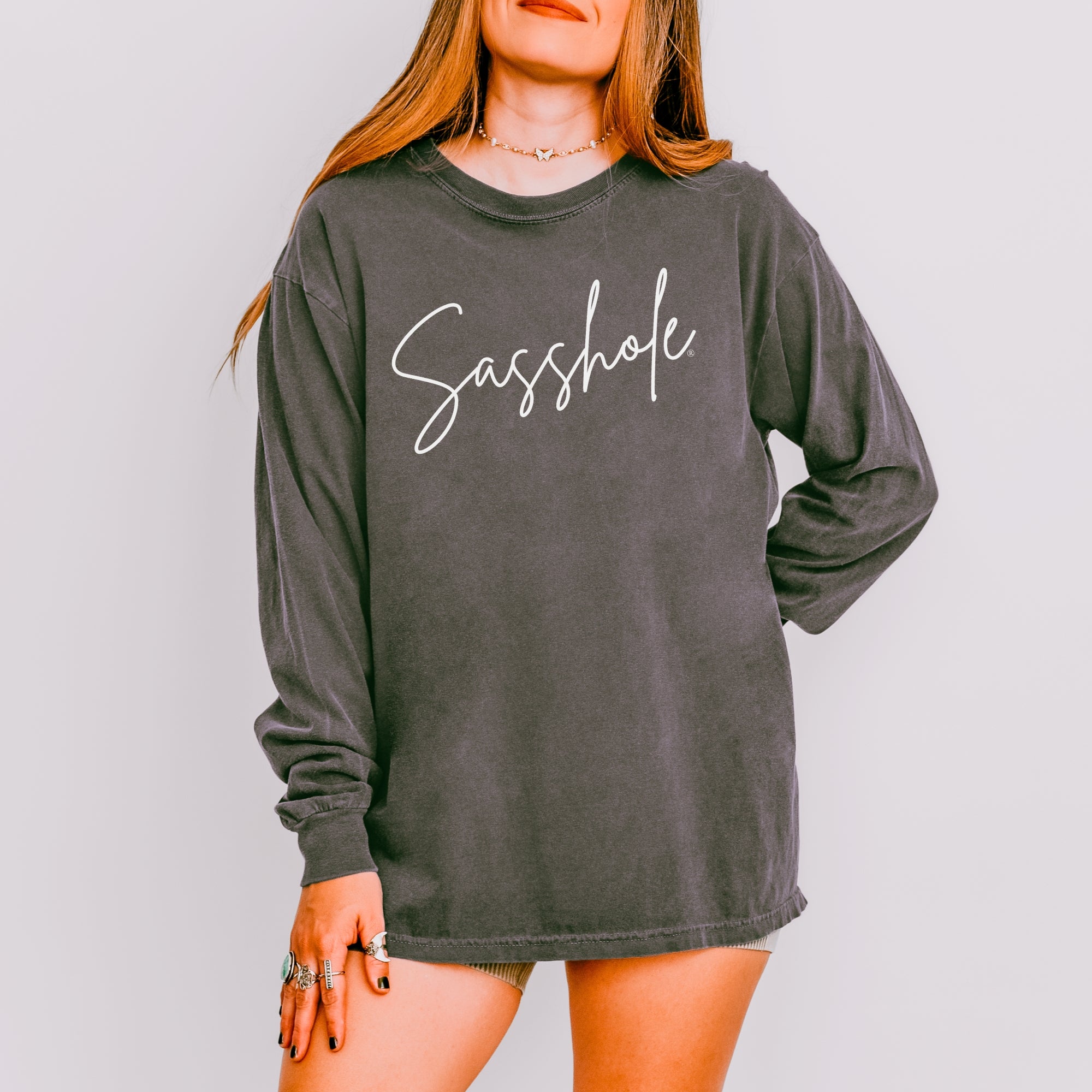 Image of Sasshole® Women’s Comfort Colors® Long Sleeve Tee – Script Funny Graphic Shirt