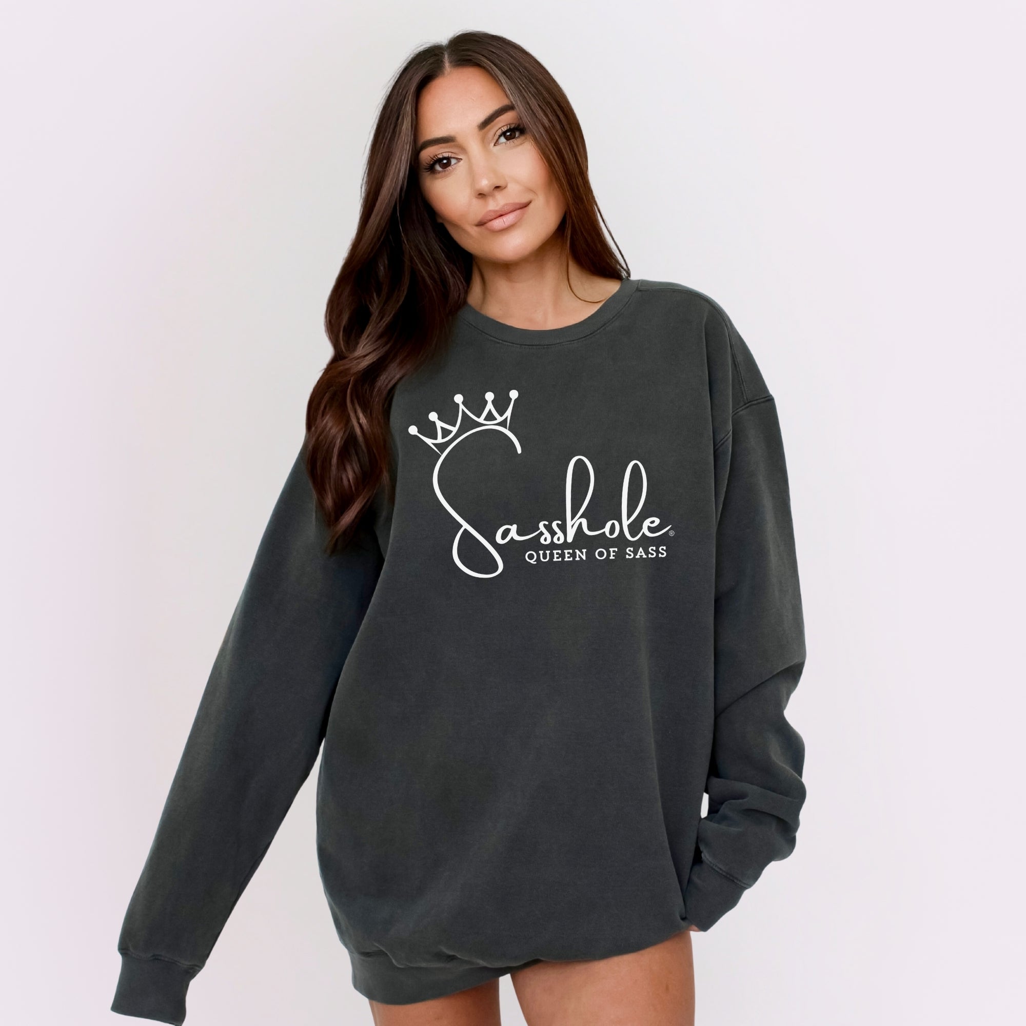 Image of Sasshole® Queen of Sass Relaxed Fit Comfort Colors® Sweatshirt – Funny Women’s Graphic Pullover