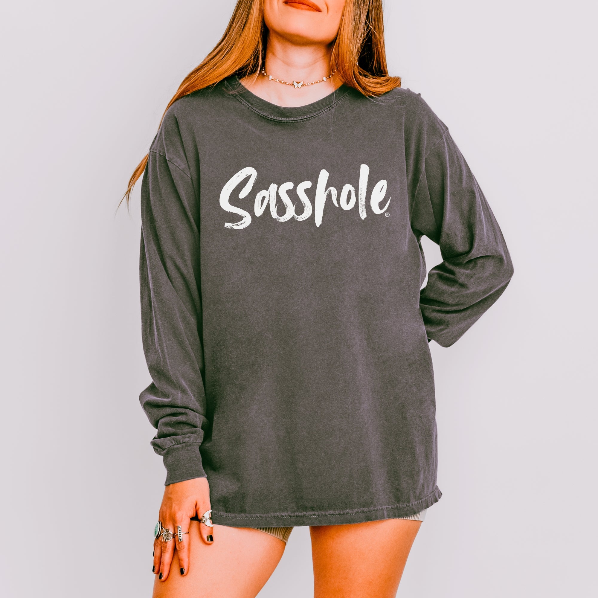 Image of Sasshole® Women’s Comfort Colors® Long Sleeve Tee – Bold Script Logo, Funny Graphic Shirt