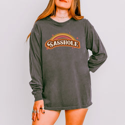 Image of Sasshole® Women’s Comfort Colors® Long Sleeve Tee – “Retro Rainbow” Funny Graphic Shirt, Bold Statement Top