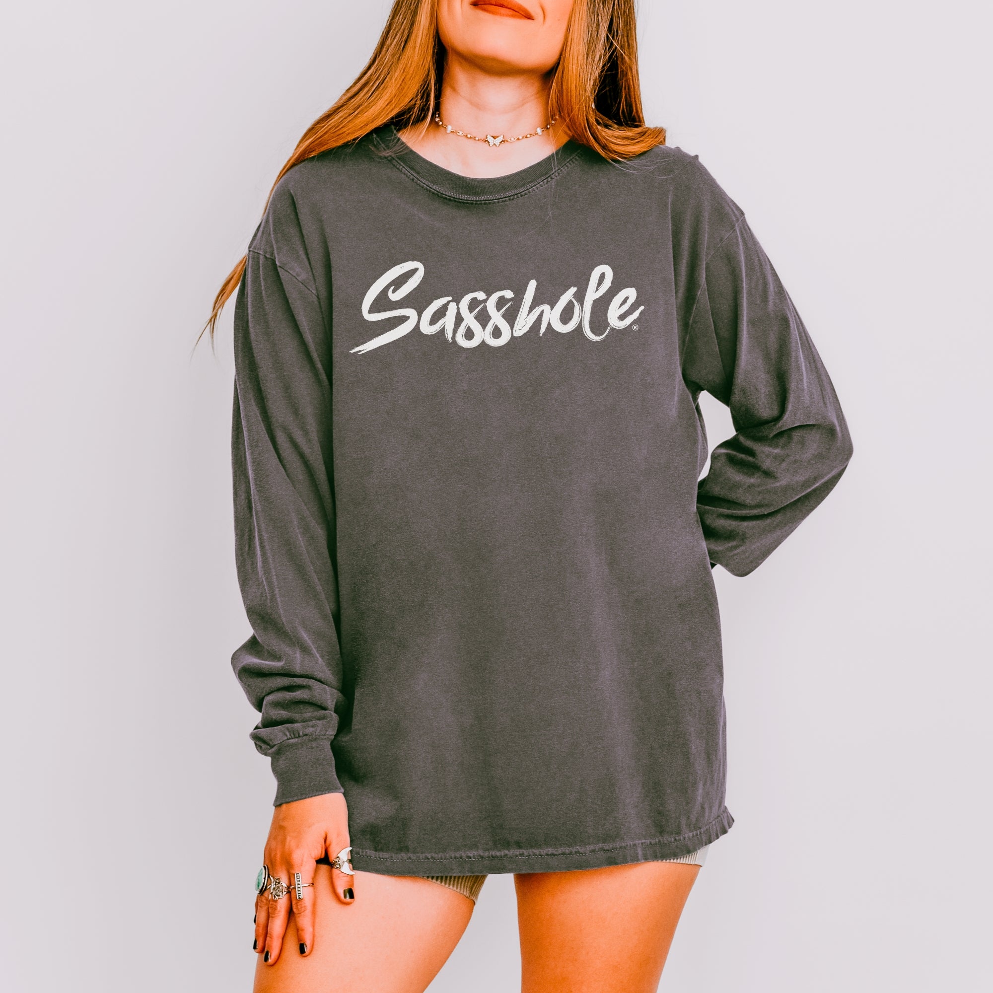 Image of Sasshole® Women’s Comfort Colors® Long Sleeve Tee – Classic Script Funny Graphic Shirt