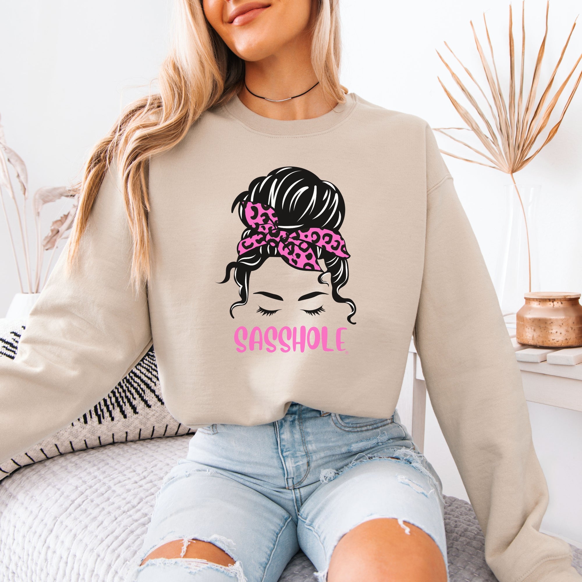 Image of Funny Top Knot Women’s Classic Fit Sweatshirt – Leopard Bandana Graphic Pullover by Sasshole®