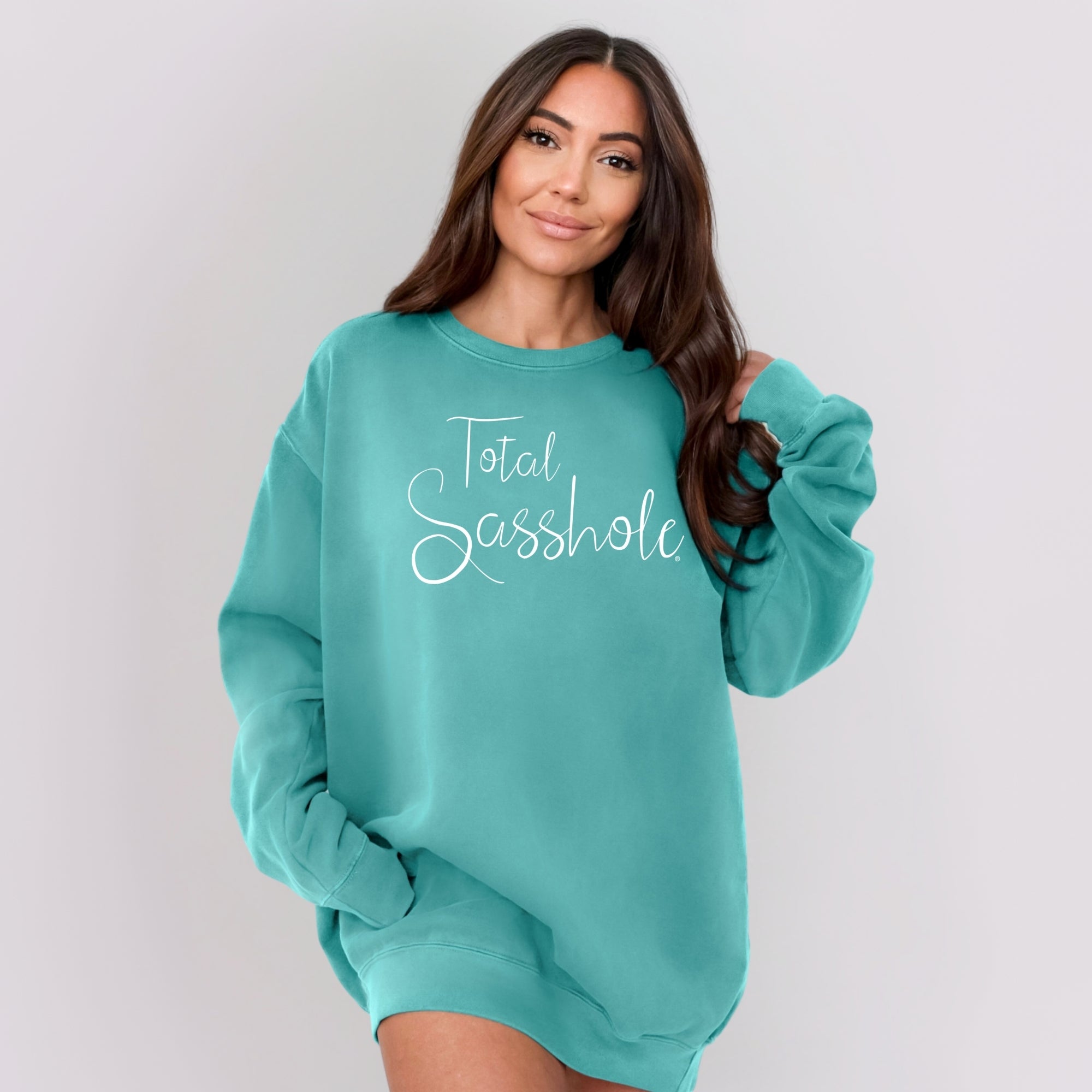 Image of Person wearing a teal sweatshirt with 'Total Sasshole' text on a plain background