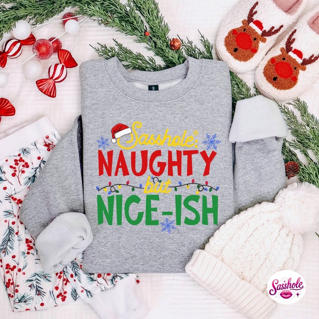 Image of Sasshole® Naughty but Nice-ish Christmas Sweatshirt – Funny Holiday Women’s Sweater
