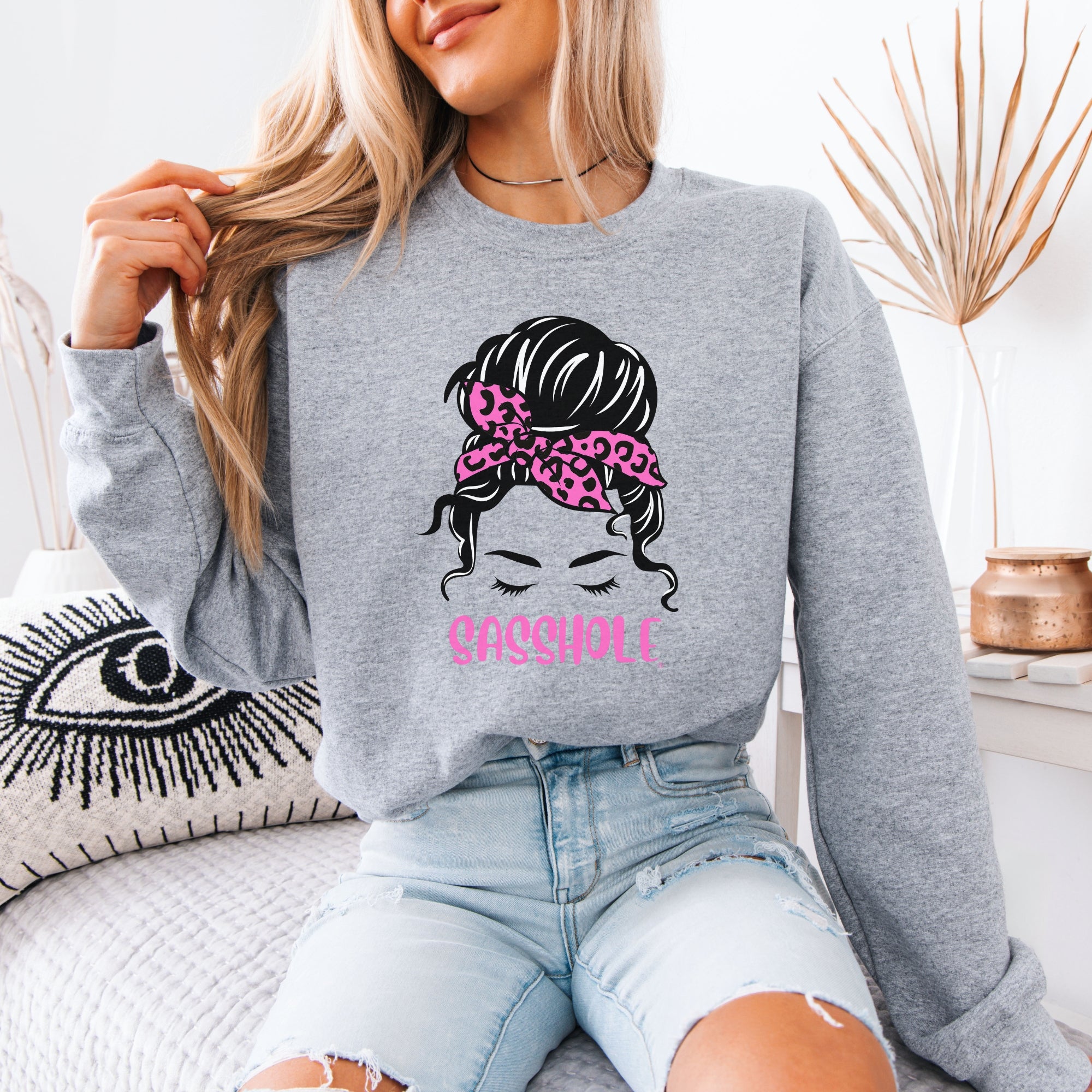 Image of Funny Top Knot Women’s Classic Fit Sweatshirt – Leopard Bandana Graphic Pullover by Sasshole®