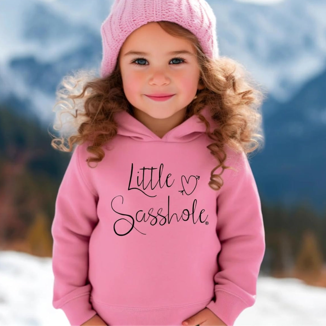 Child wearing a pink hoodie with 'Little Sasshole' text in a snowy landscape
