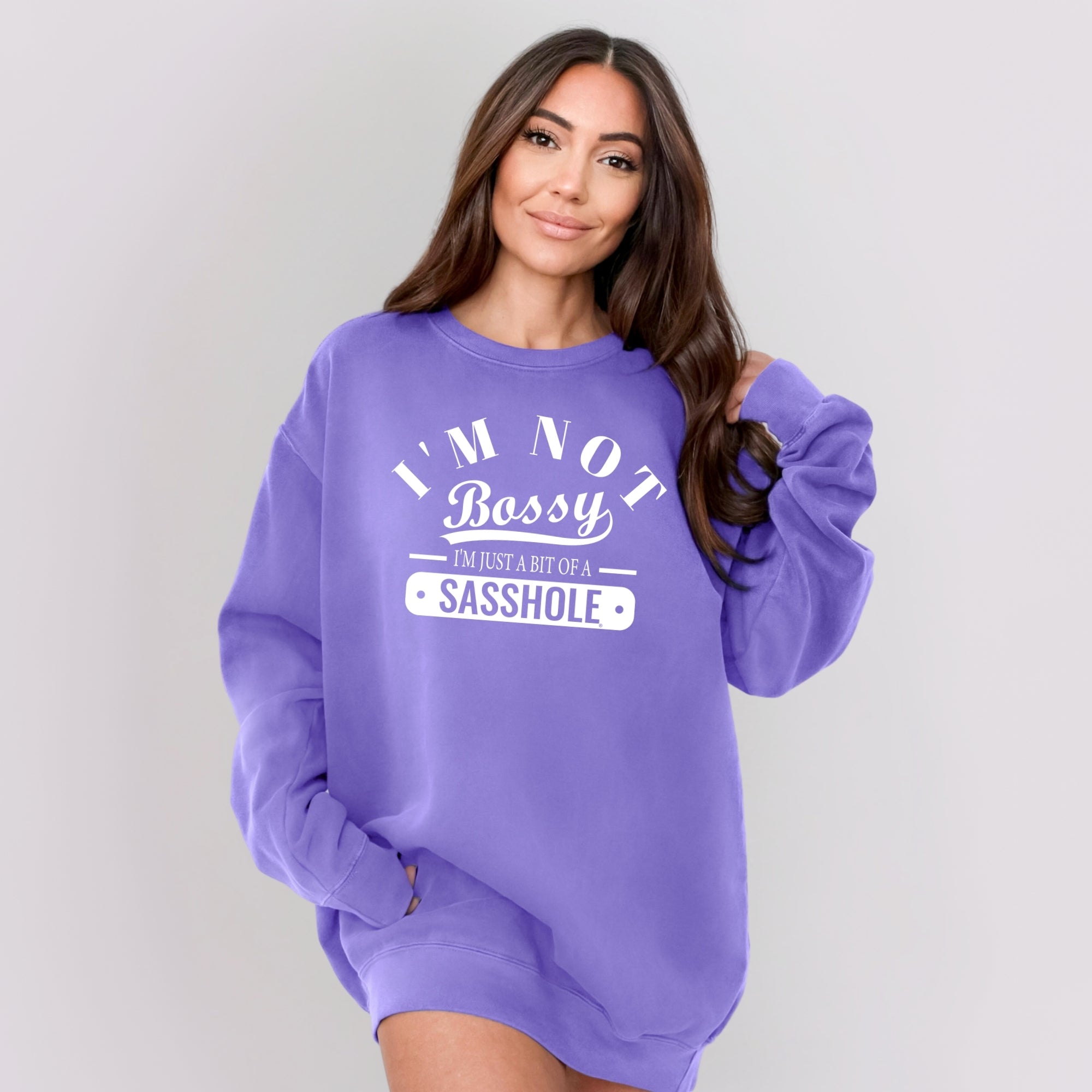 Image of Sasshole® Women’s Relaxed Fit Comfort Colors® Sweatshirt – I’m Not Bossy Funny Graphic Pullover