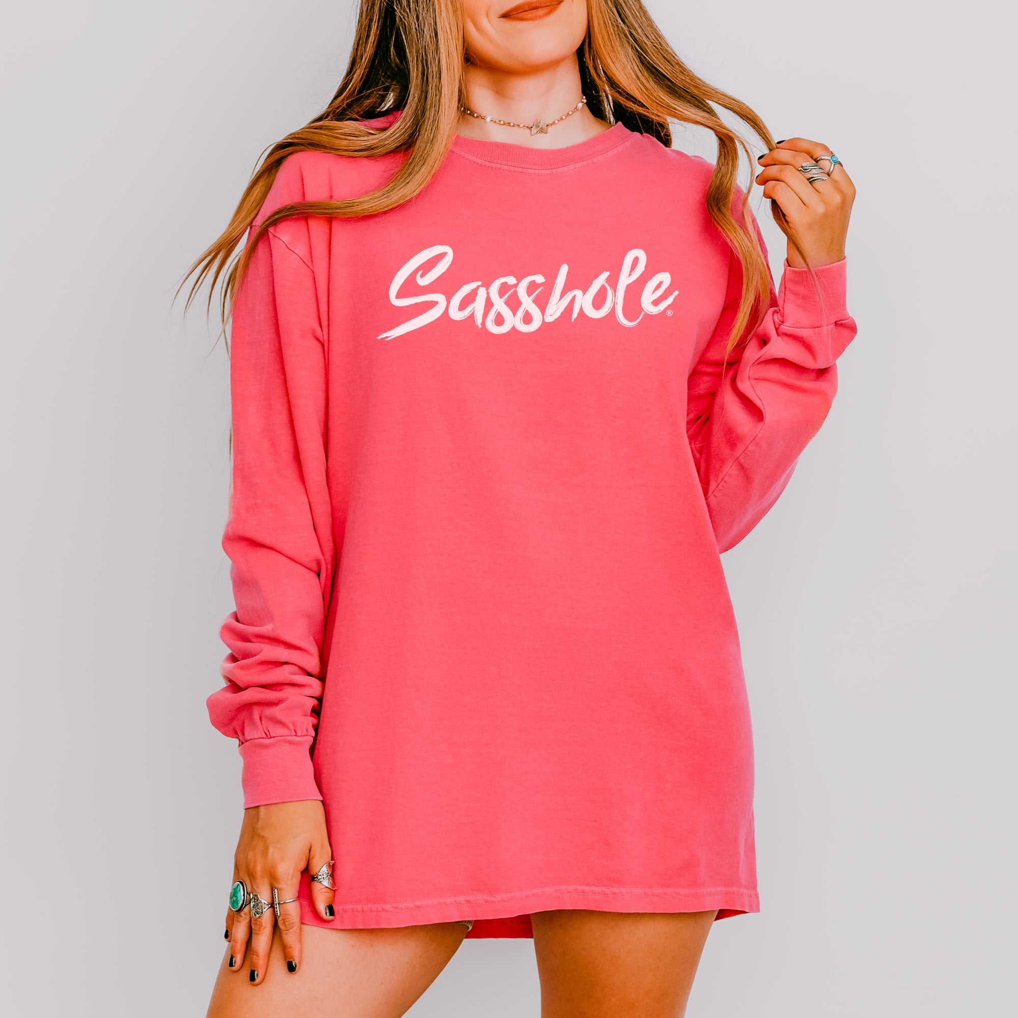 Image of Sasshole® Women’s Comfort Colors® Long Sleeve Tee – Classic Script Funny Graphic Shirt