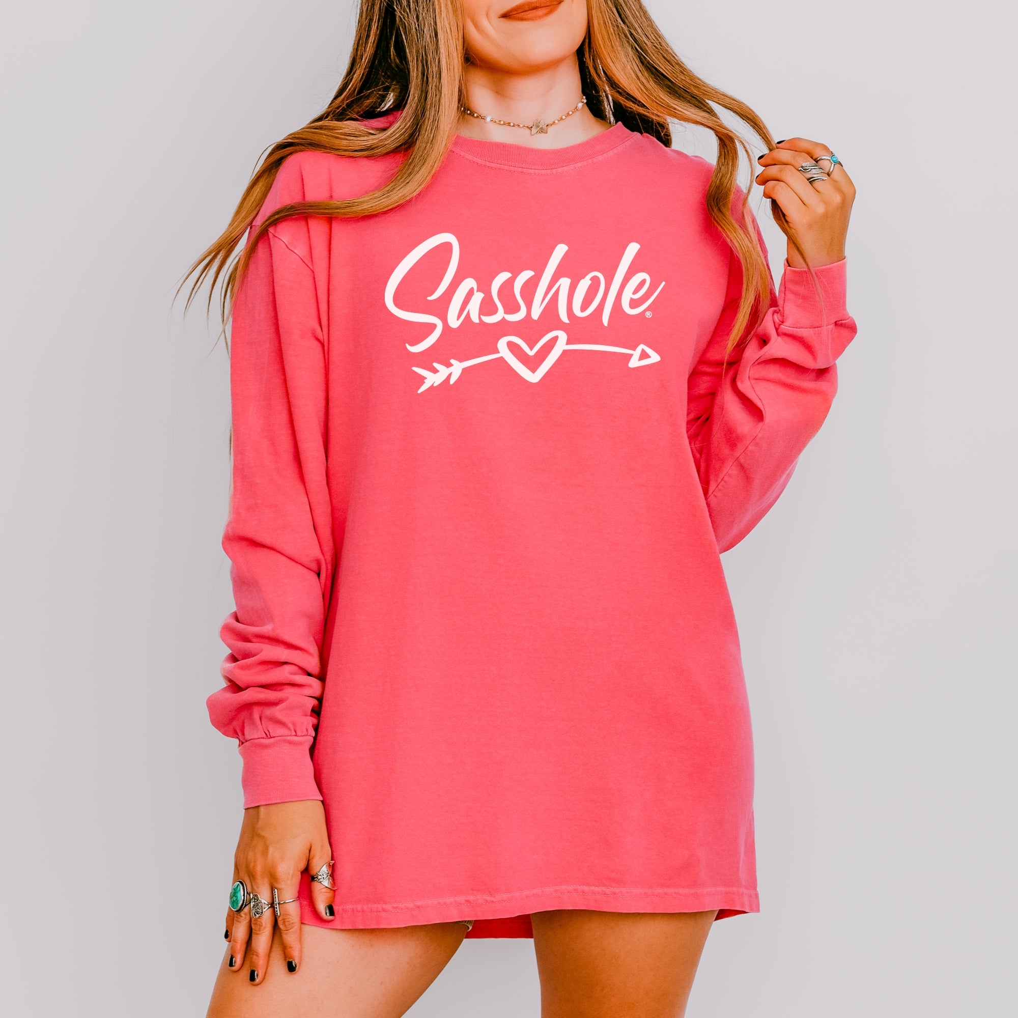 Image of Sasshole® Women’s Long Sleeve Tee – Heart & Arrow Graphic | Bold, Cozy Attitude