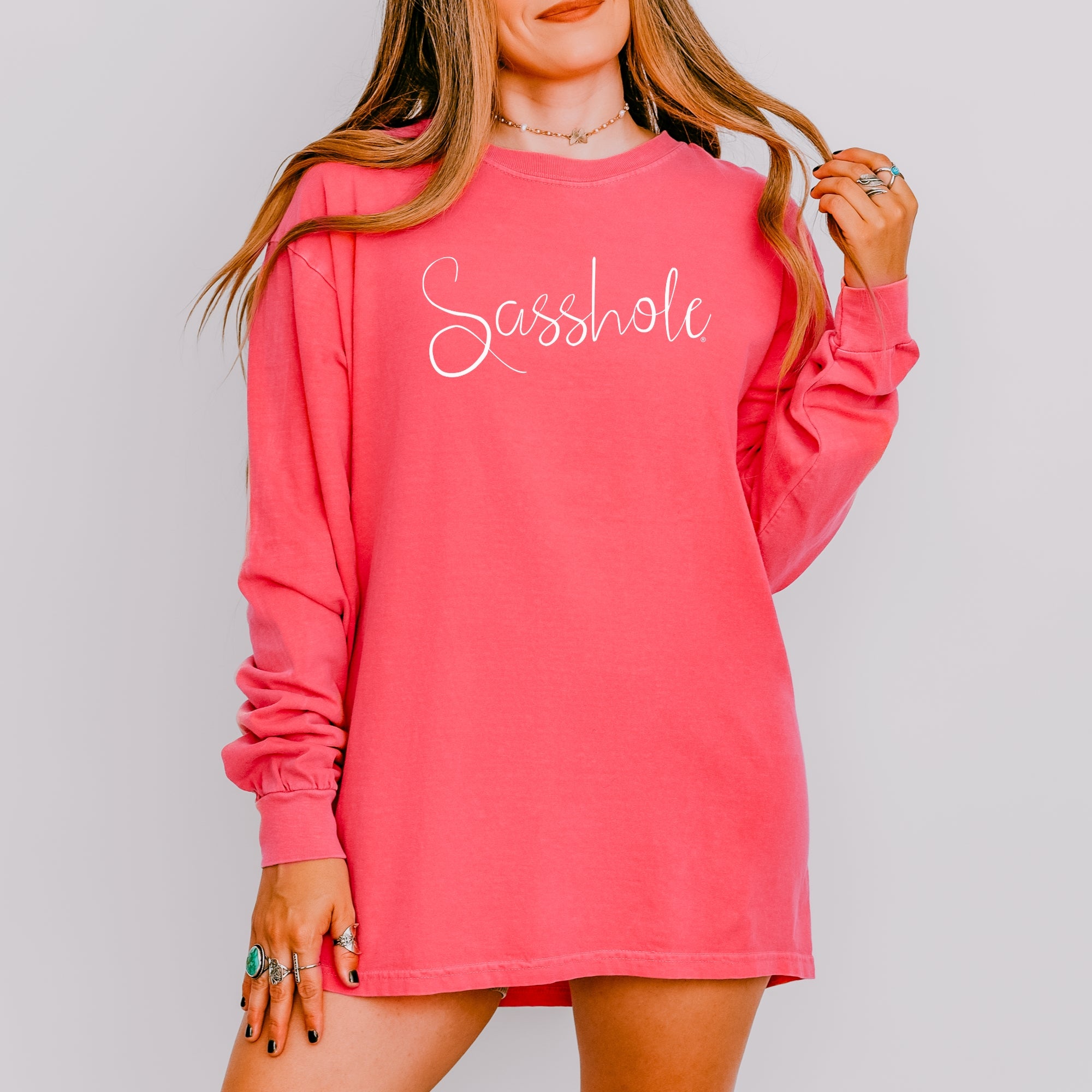 Image of Sasshole® Women’s Comfort Colors® Long Sleeve Tee – Script Logo Funny Graphic Shirt, Bold Statement Top