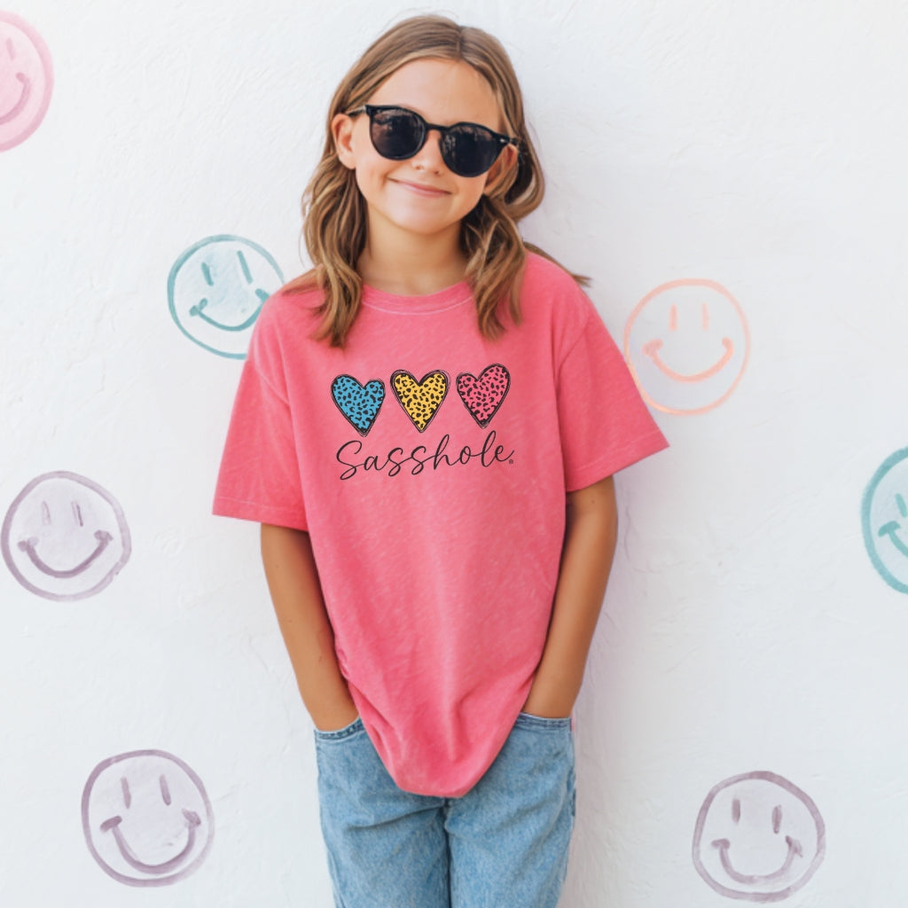 Sasshole® Youth Tee – Leopard Heart Graphic Shirt for Kids | Fun & Bold Children’s T-Shirt