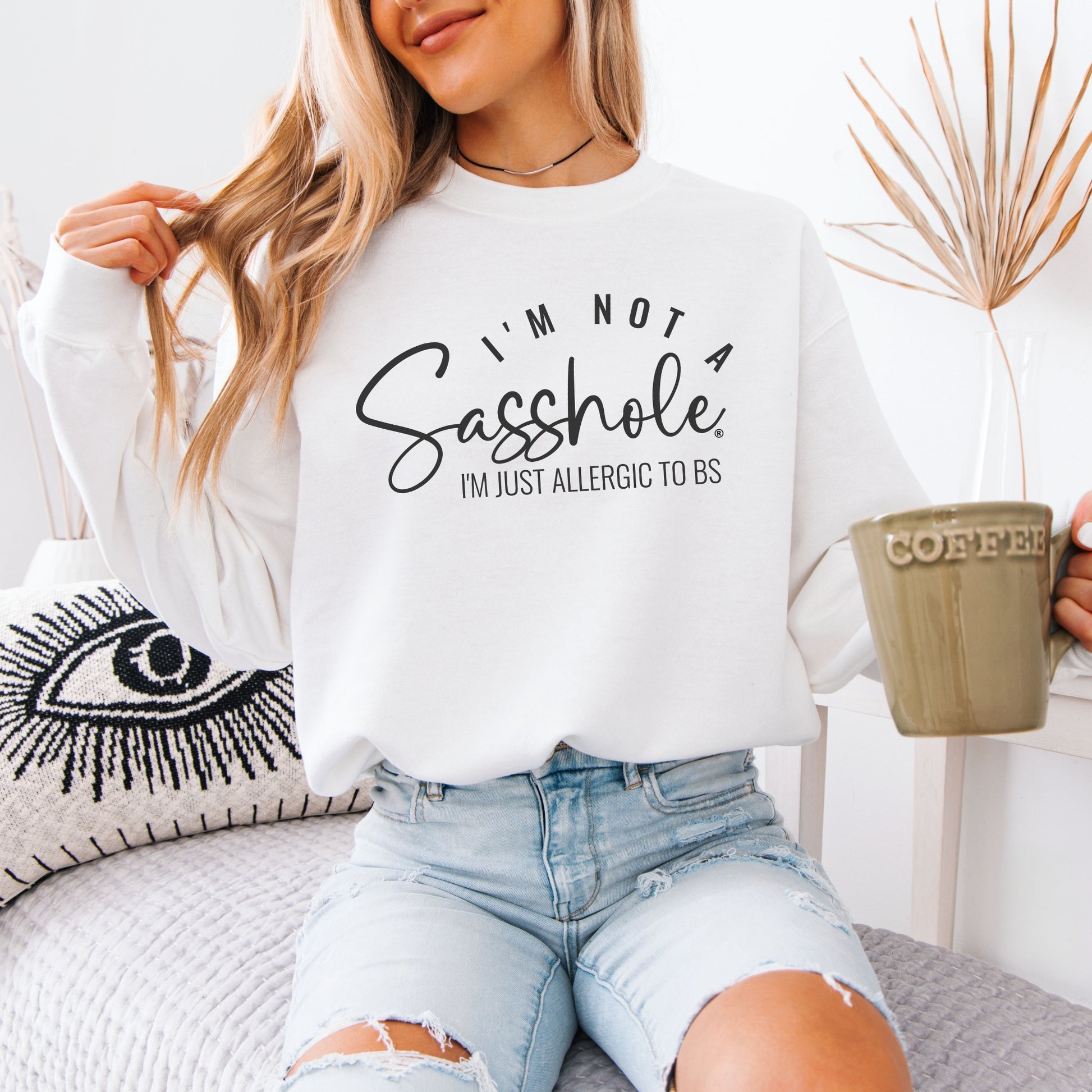 Women’s Classic Fit Graphic Sweatshirt – Allergic to BS Funny Fleece Pullover by Sasshole®