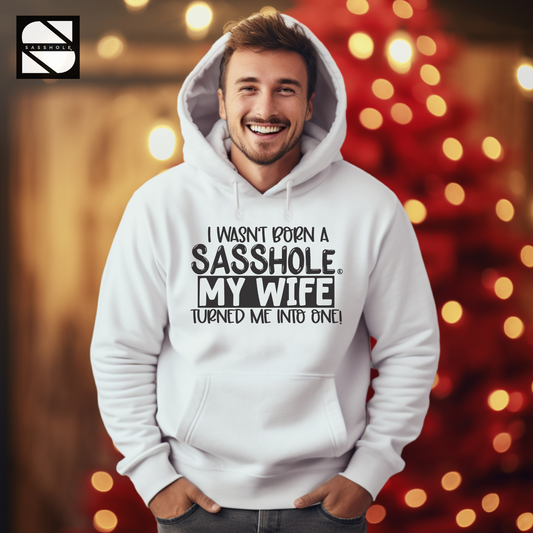 Witty Clothing, white hoodies, white hoodie sweatshirt, white hoodie, white graphic hoodie, Whimsical Hooded Sweatshirt, Unisex, Unique Men's Fashion, unique hoodies, Trendy Joke Wear, trendy hoodies, trendy graphic hoodies, sweatshirts hoodies, Statement Pullover, Standout Hoodie, Stand-up Comedy Style, Spousal Sassiness, Sassy Spouse Fashion, Sassy Husband Hoodie, sasshole hoodie
