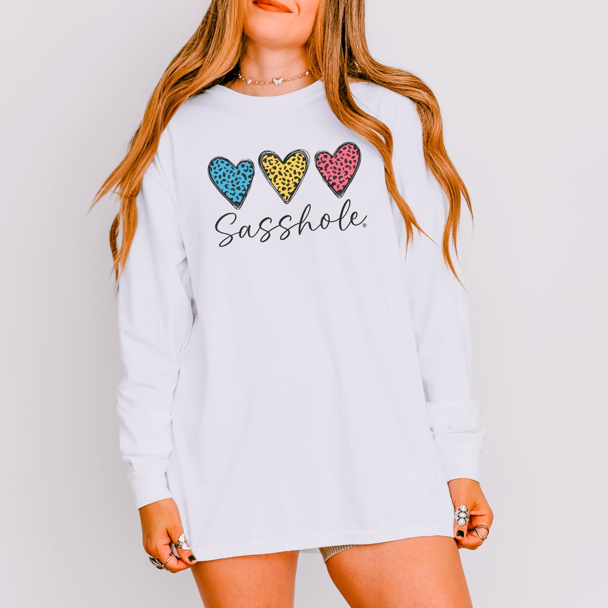 Image of Sasshole® Women’s Comfort Colors® Long Sleeve Tee – “Triple Heart” Funny Graphic T-Shirt, Cozy Statement Shirt