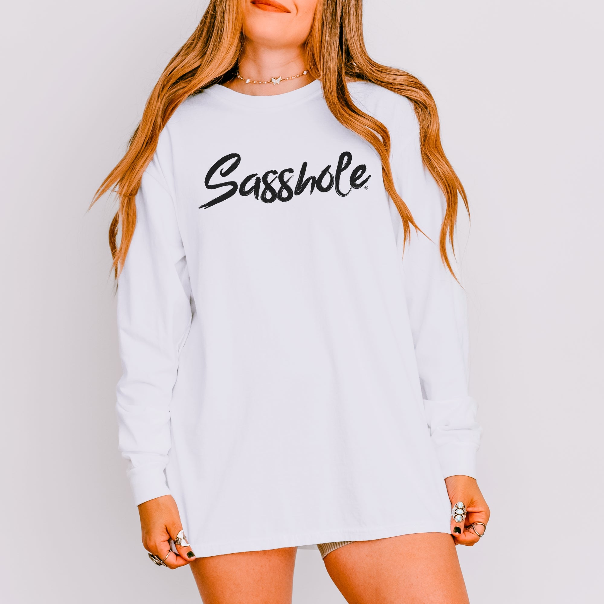 Image of Sasshole® Women’s Comfort Colors® Long Sleeve Tee – Classic Script Funny Graphic Shirt