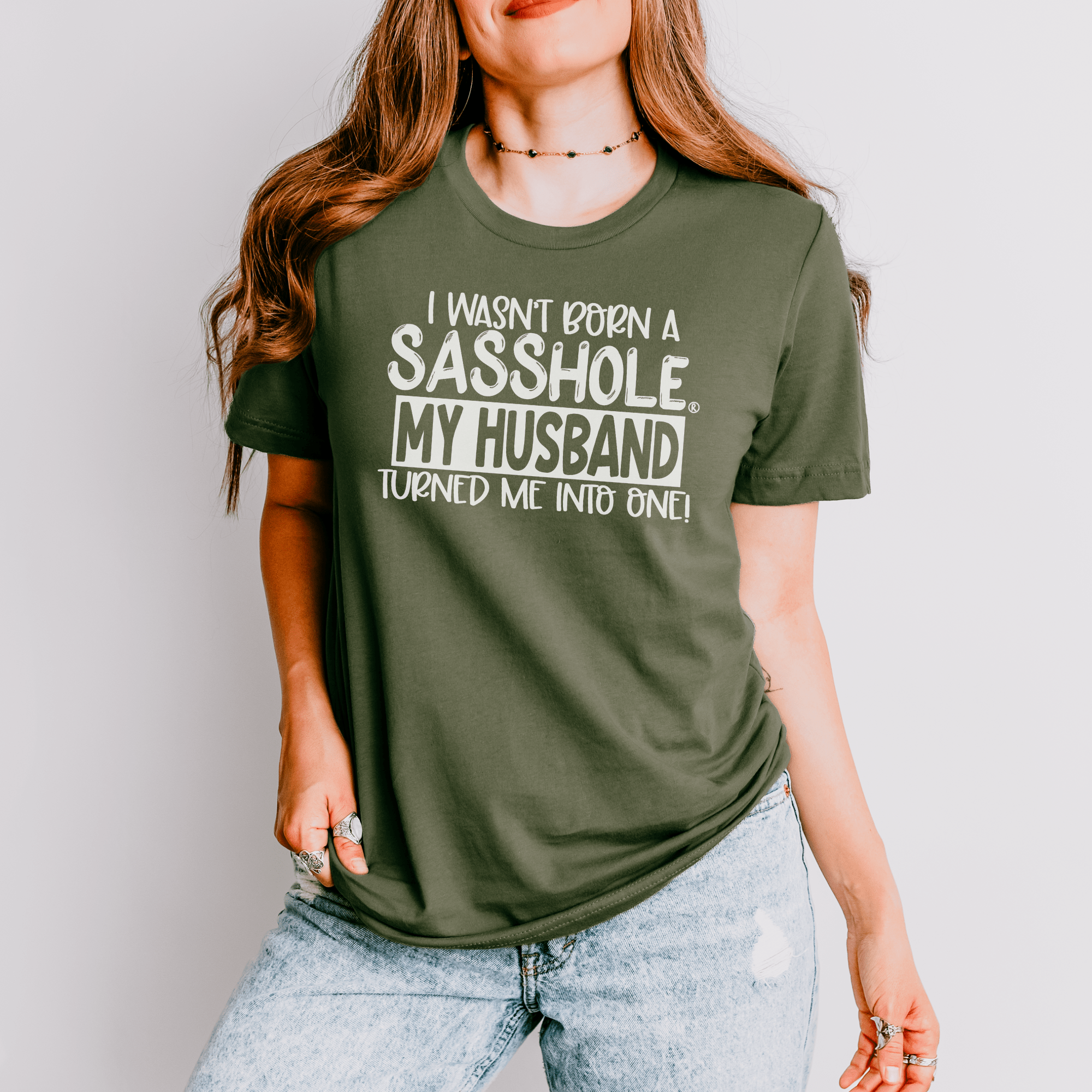 Image of Blame It on the Husband: Sasshole® Funny Women's T-shirts - Funny Graphic Tee by Sasshole® Clothing
