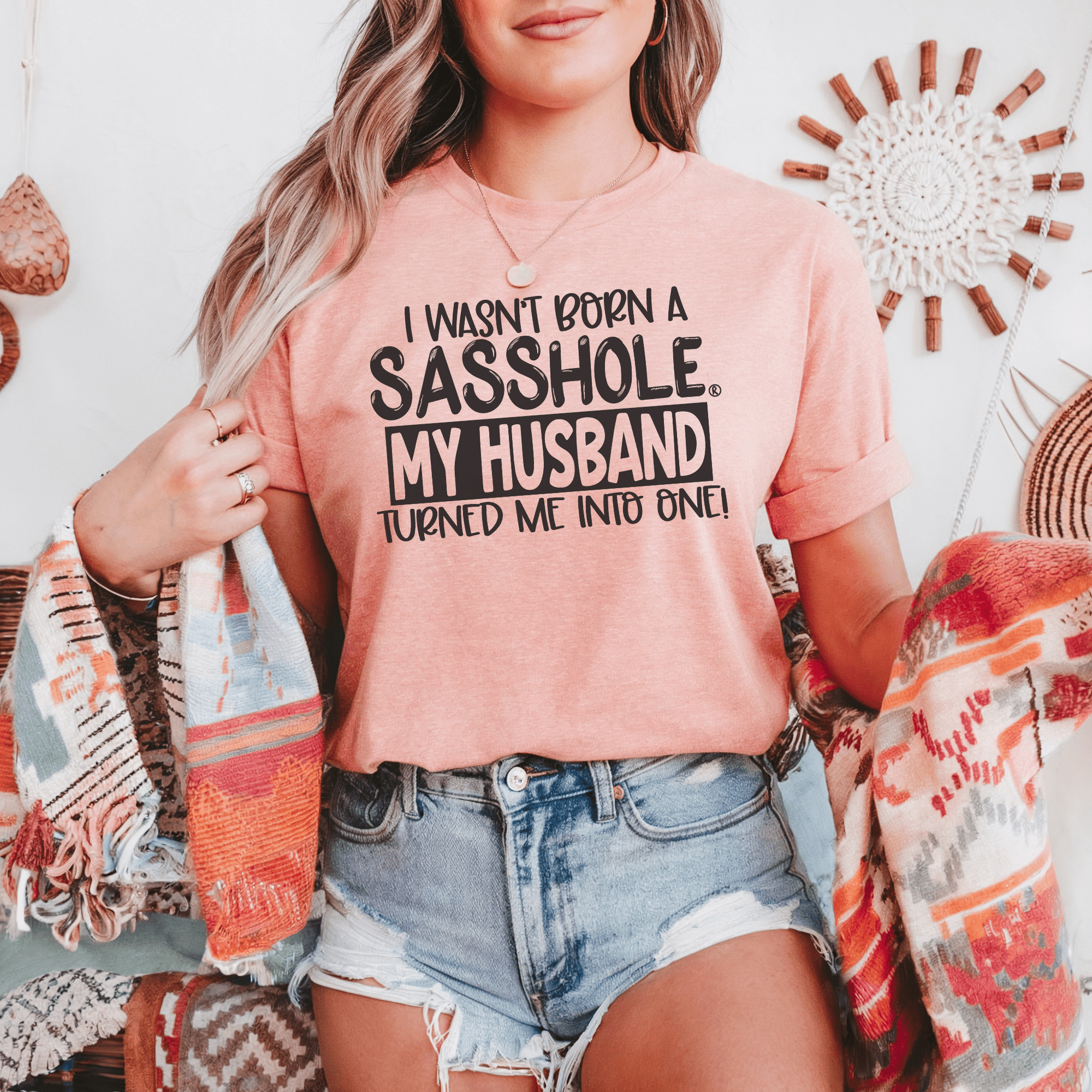 Image of Blame It on the Husband: Sasshole® Funny Women's T-shirts - Funny Graphic Tee by Sasshole® Clothing
