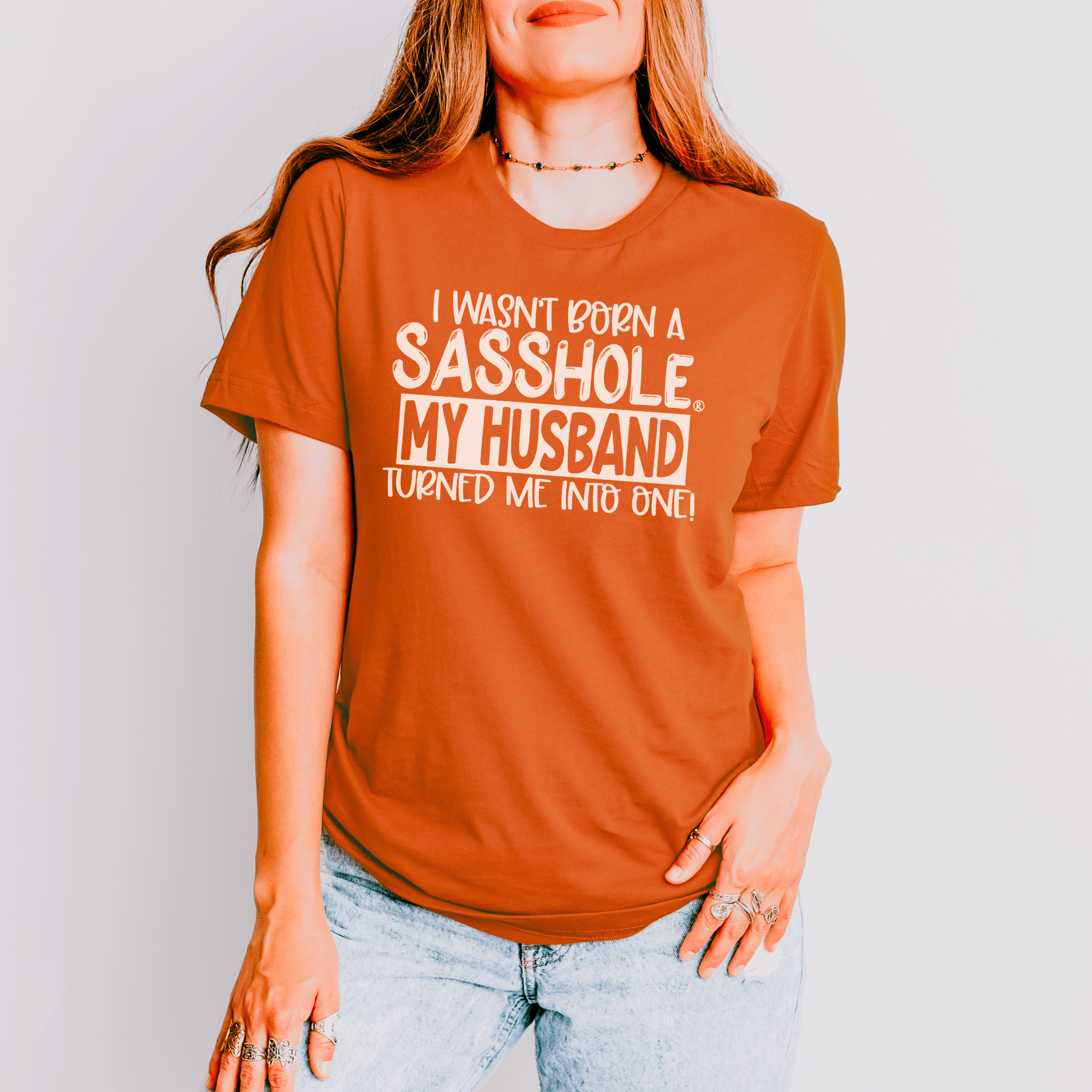 Image of Blame It on the Husband: Sasshole® Funny Women's T-shirts - Funny Graphic Tee by Sasshole® Clothing