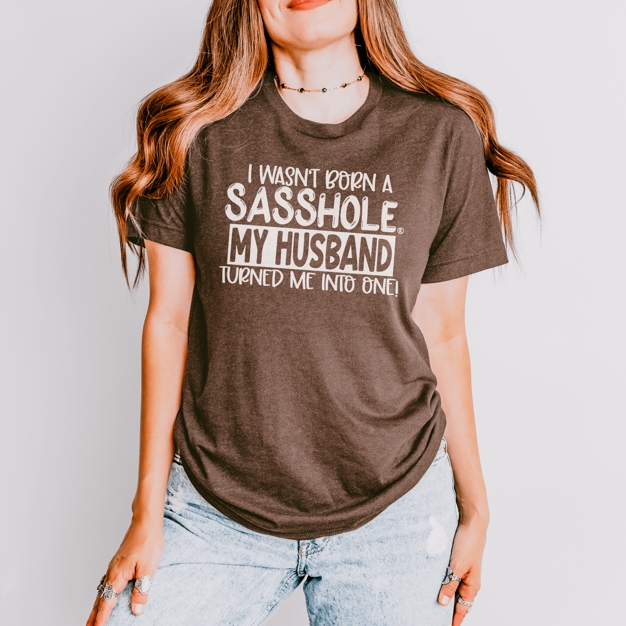 Image of Blame It on the Husband: Sasshole® Funny Women's T-shirts - Funny Graphic Tee by Sasshole® Clothing