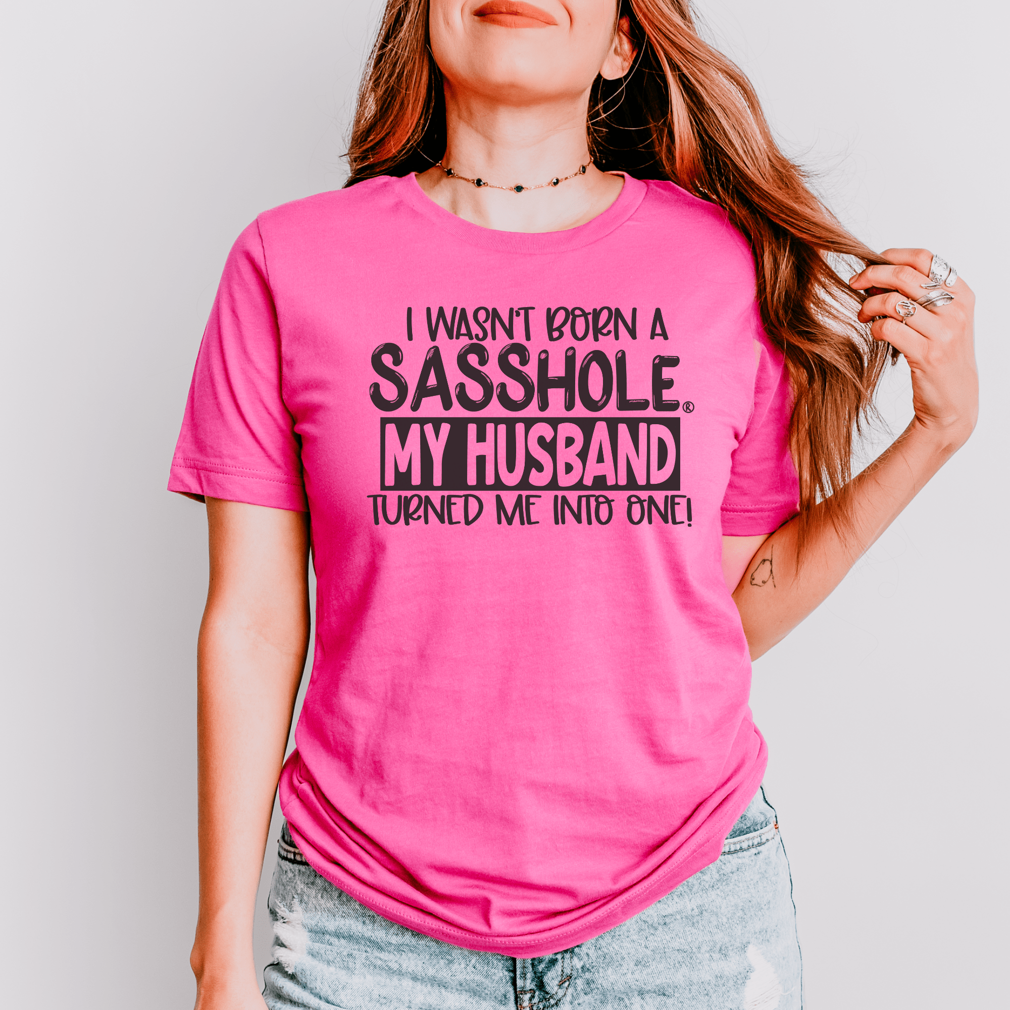 Image of Blame It on the Husband: Sasshole® Funny Women's T-shirts - Funny Graphic Tee by Sasshole® Clothing