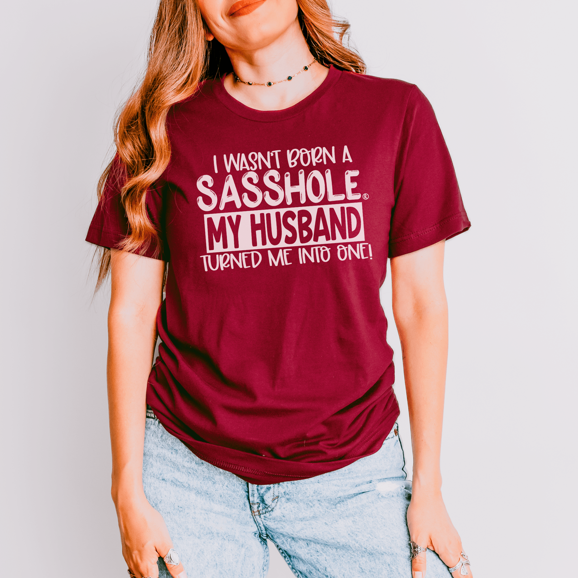 Image of Blame It on the Husband: Sasshole® Funny Women's T-shirts - Funny Graphic Tee by Sasshole® Clothing