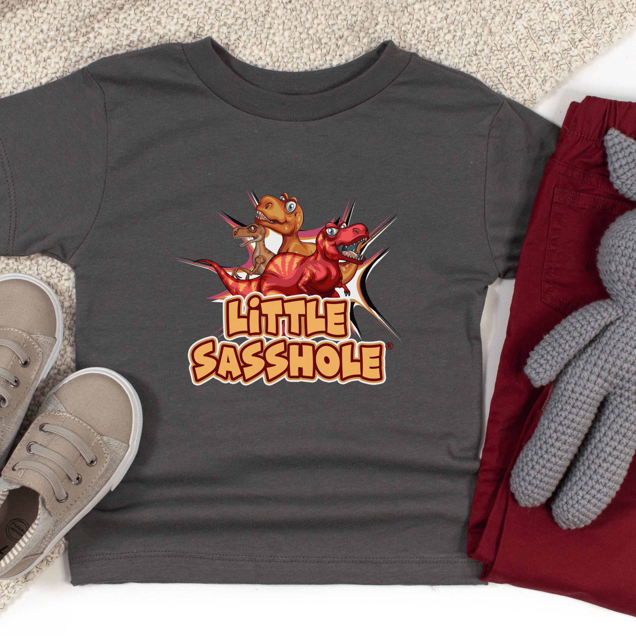 Image of Tiny T - Rex, Big Sass: Little Sasshole™ Toddler Boy's Short Sleeve Tee - Funny Graphic Tee by Sasshole® Clothing