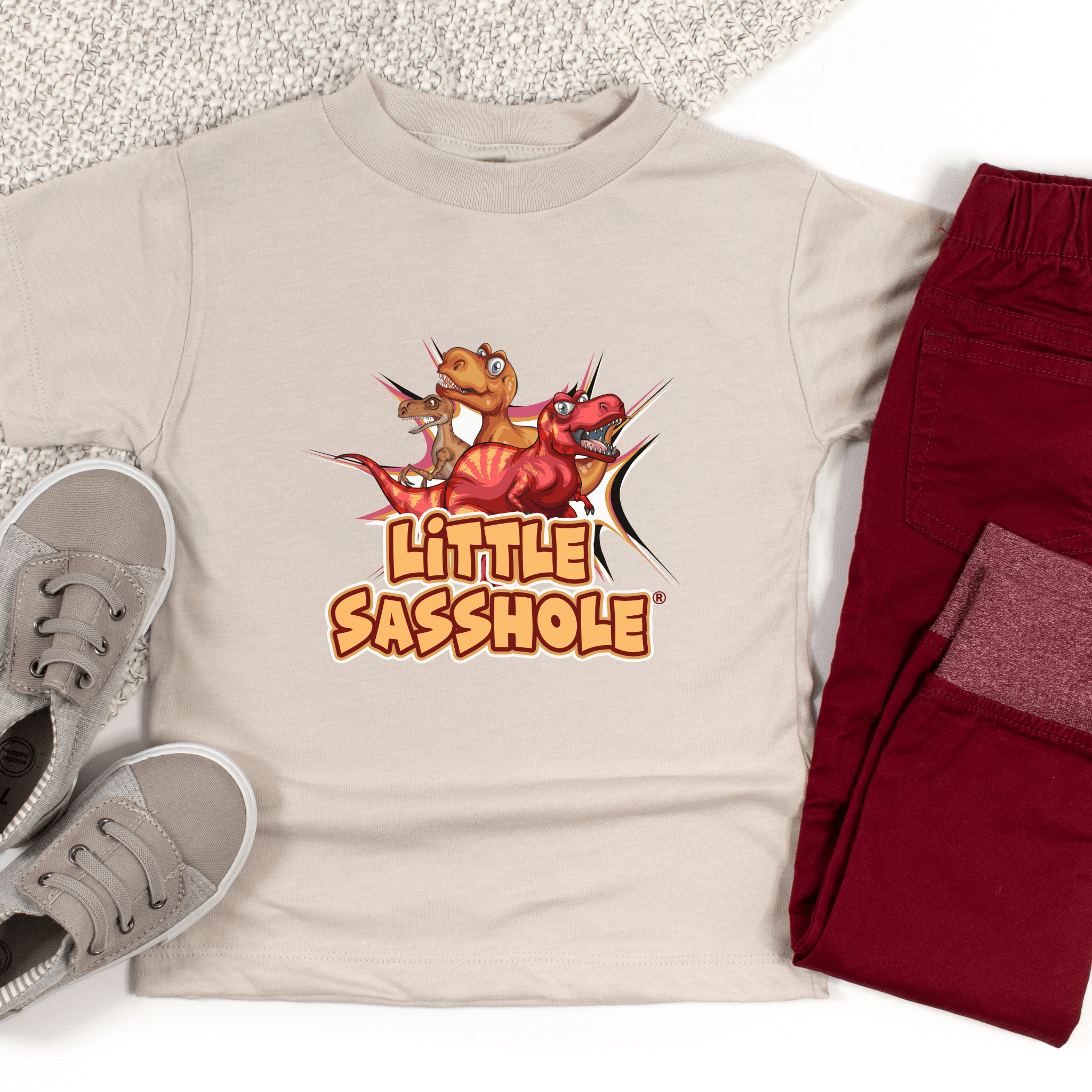 Image of Tiny T - Rex, Big Sass: Little Sasshole™ Toddler Boy's Short Sleeve Tee - Funny Graphic Tee by Sasshole® Clothing