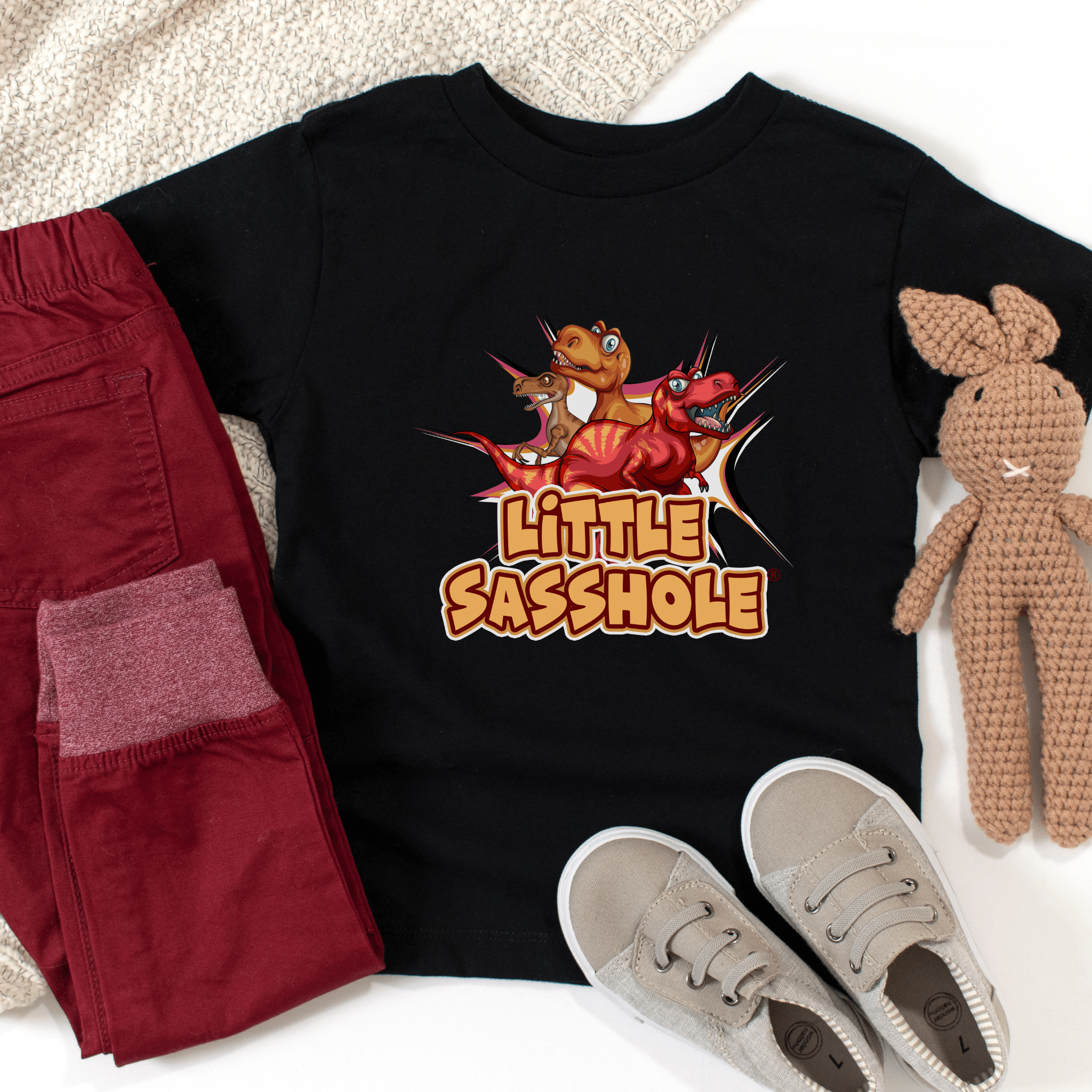 Image of Tiny T - Rex, Big Sass: Little Sasshole™ Toddler Boy's Short Sleeve Tee - Funny Graphic Tee by Sasshole® Clothing