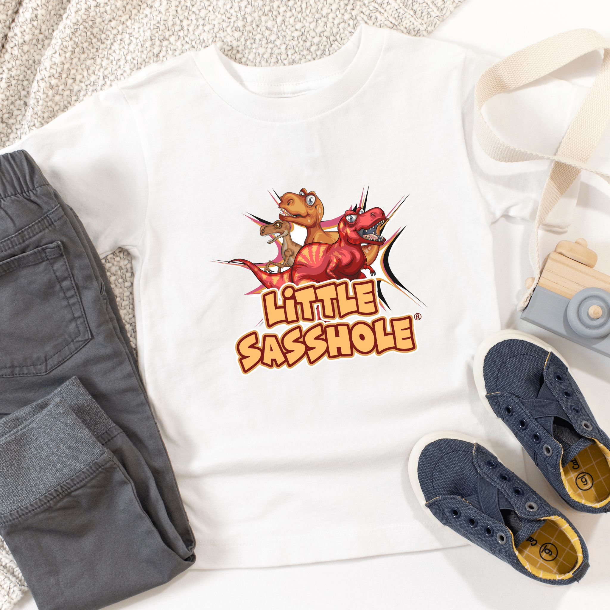 Image of Tiny T - Rex, Big Sass: Little Sasshole™ Toddler Boy's Short Sleeve Tee - Funny Graphic Tee by Sasshole® Clothing
