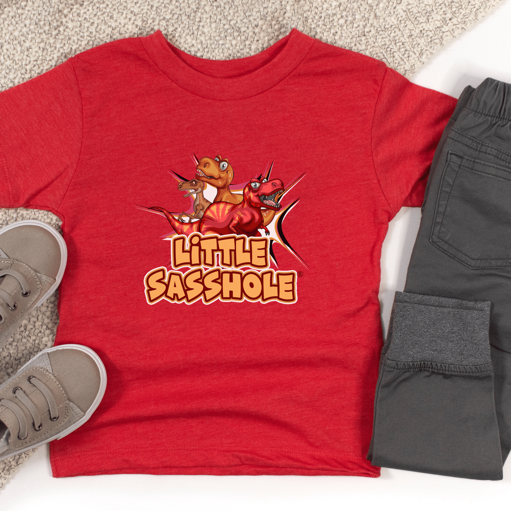 Image of Tiny T - Rex, Big Sass: Little Sasshole™ Toddler Boy's Short Sleeve Tee - Funny Graphic Tee by Sasshole® Clothing