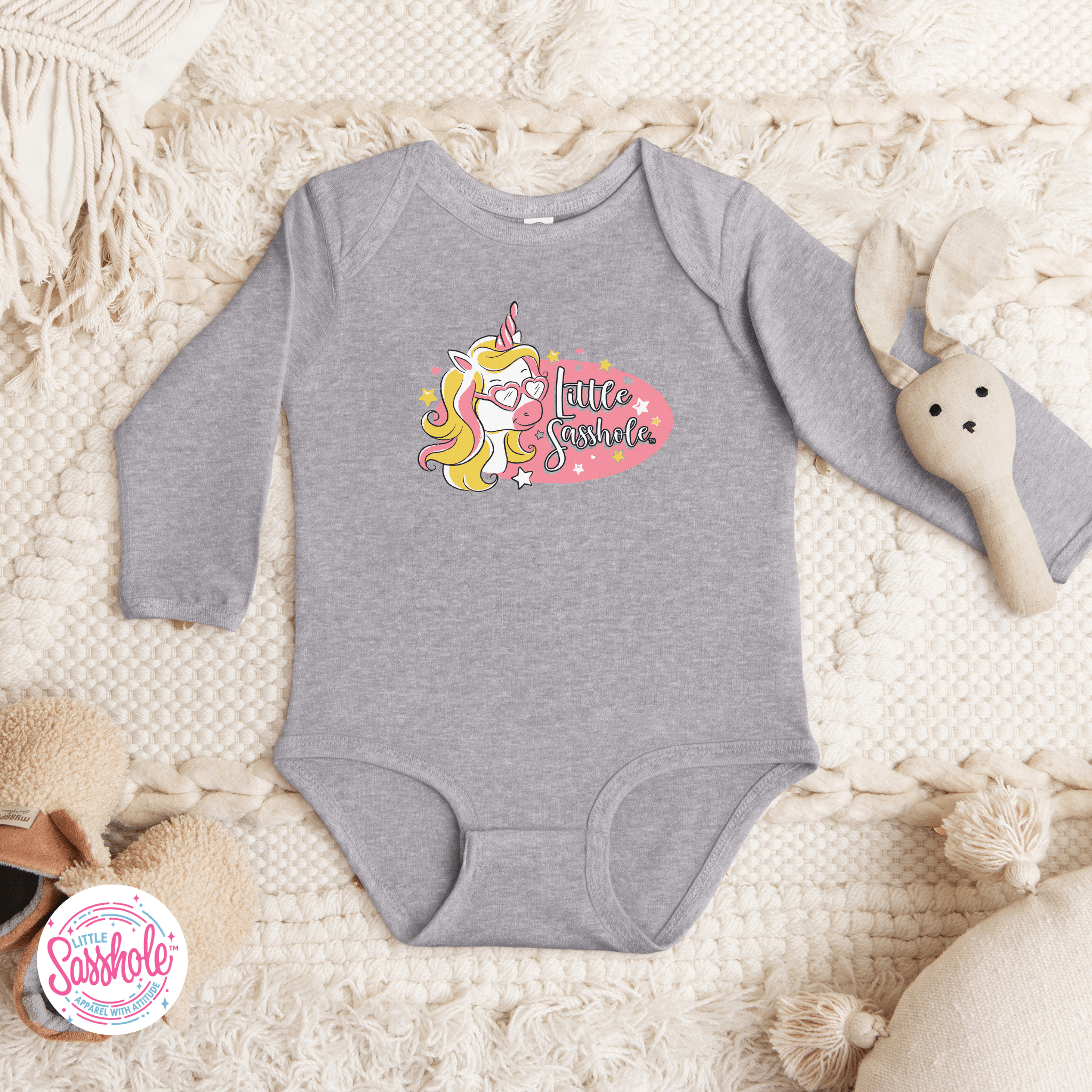Unicorn Dreams: Little Sasshole™ Baby Long Sleeve Bodysuit - Funny Graphic Tee by Sasshole® Clothing