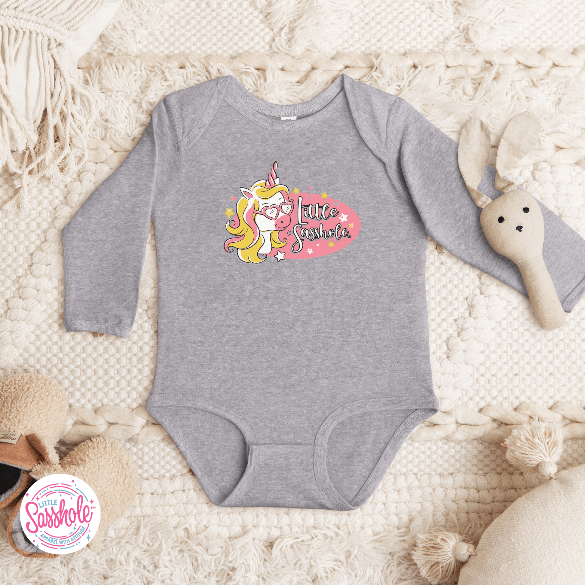 Unicorn Dreams: Little Sasshole™ Baby Long Sleeve Bodysuit - Funny Graphic Tee by Sasshole® Clothing