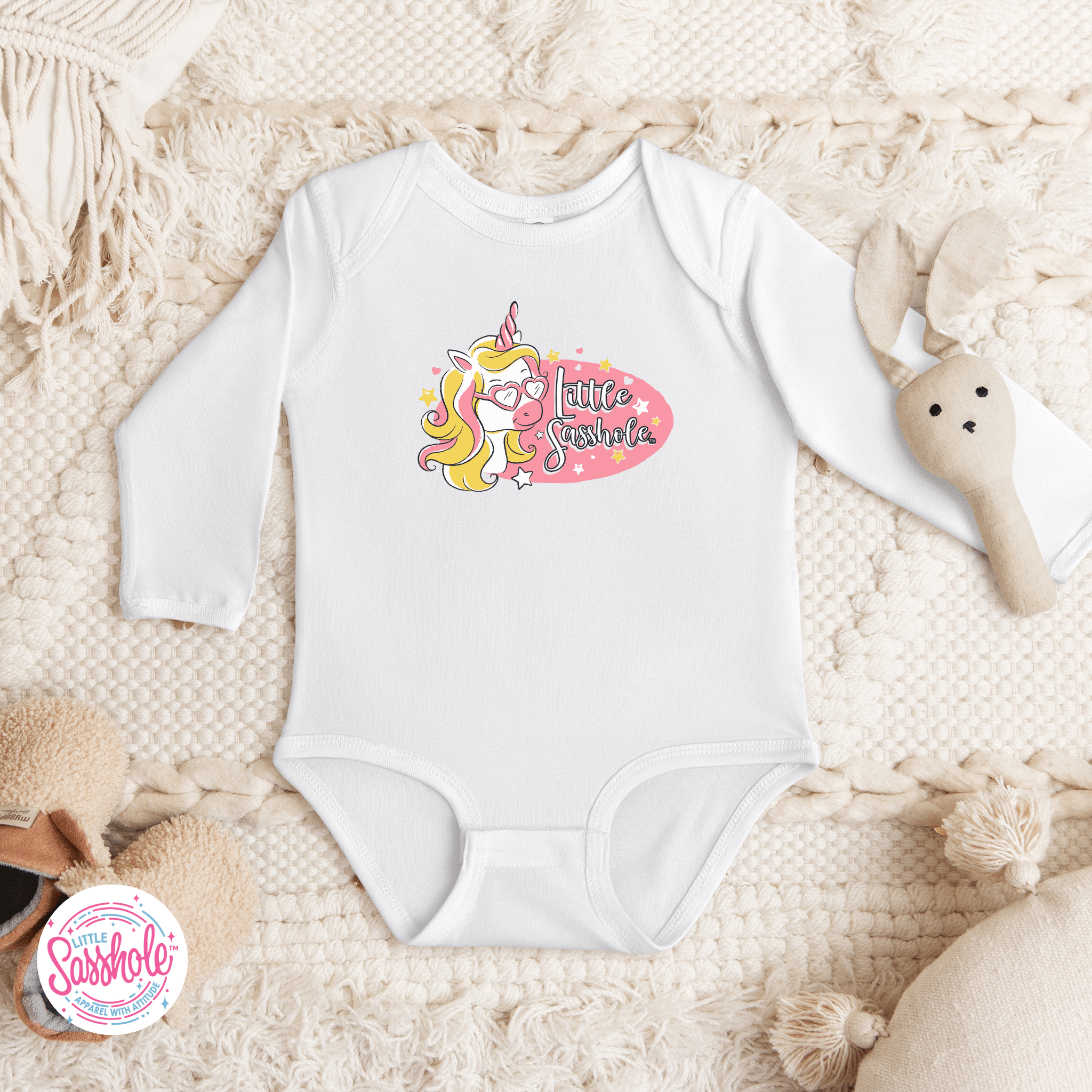 Unicorn Dreams: Little Sasshole™ Baby Long Sleeve Bodysuit - Funny Graphic Tee by Sasshole® Clothing