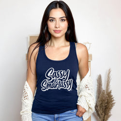 Image of Woman wearing a navy tank top with 'Sassy & Smart Assy' text against a neutral background